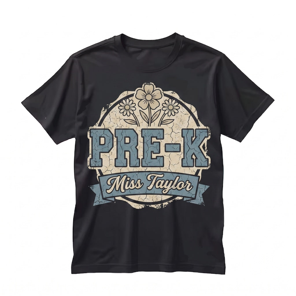 Custom Floral Blue Faux Patchwork Pre-K Teacher Preschool Grade Matching Group Educator Back to School Unisex TShirt