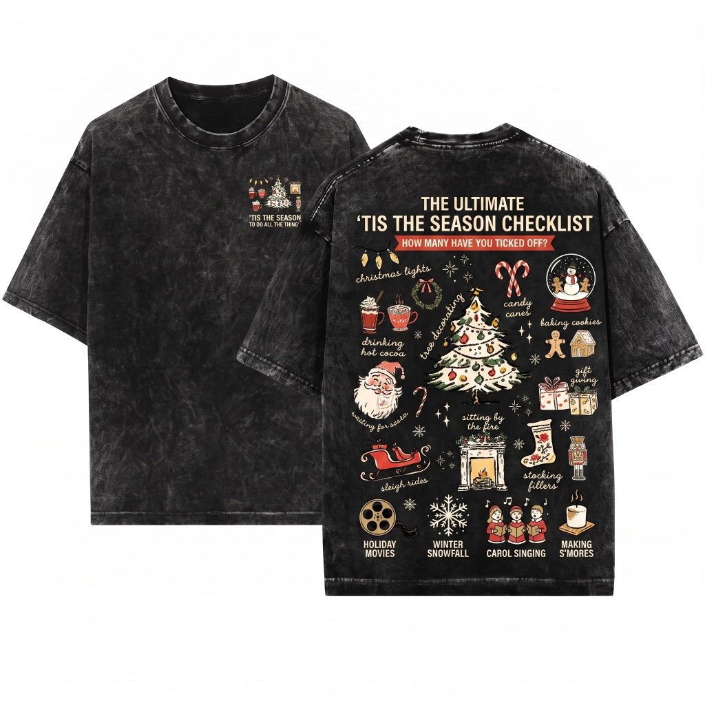 Retro Santa Christmas Tree Tis The Season Holiday Long Sleeve Womens Unisex Wash T-Shirt