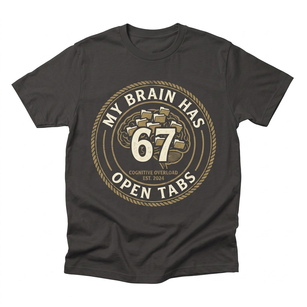 My Brain Has 67 Tabs Open Funny Sarcastic Dark Humor Meme Novelty Six Seven Unisex TShirt