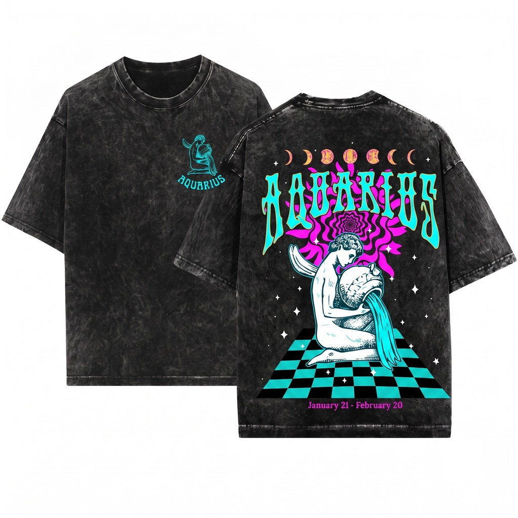 Vintage Aquarius Zodiac Celestial Astrology Graphic Unisex Wash T-Shirt