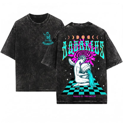 Vintage Aquarius Zodiac Celestial Astrology Graphic Unisex Wash T-Shirt