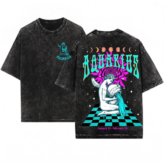 Vintage Aquarius Zodiac Celestial Astrology Graphic Unisex Wash T-Shirt