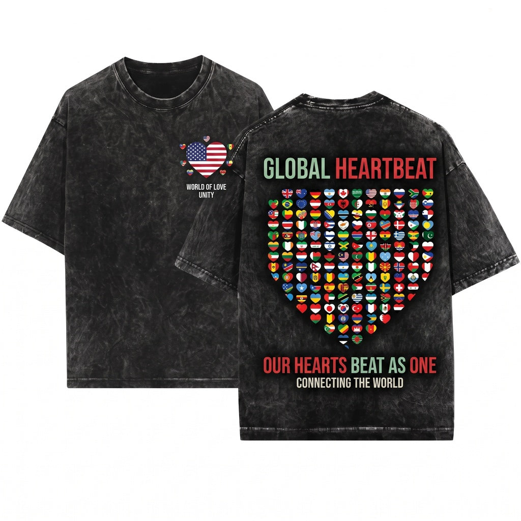 Heart Flags All Countries World International Unity Peace Cultural Pride Global Travel Gift Graphic Apparel Unisex Wash T-Shirt