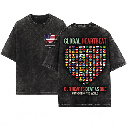 Heart Flags All Countries World International Unity Peace Cultural Pride Global Travel Gift Graphic Apparel Unisex Wash T-Shirt