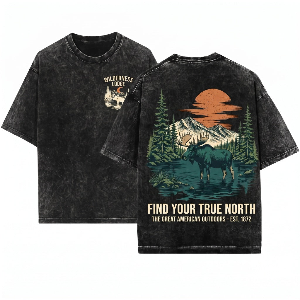 Vintage Moose In Lake Mountain Wildlife Outdoor Adventure Rustic Forest Animal Engraved Nature Lover Gift Unisex Wash T-Shirt