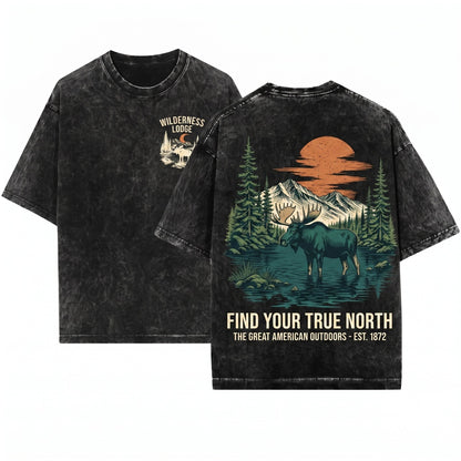 Vintage Moose In Lake Mountain Wildlife Outdoor Adventure Rustic Forest Animal Engraved Nature Lover Gift Unisex Wash T-Shirt