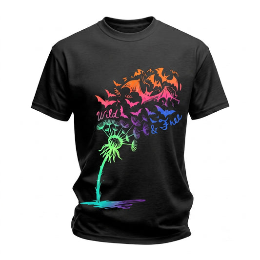 Wild And Free Dandelion Spooky Flying Orange Bat Halloween Nature Gift Retro Unisex TShirt