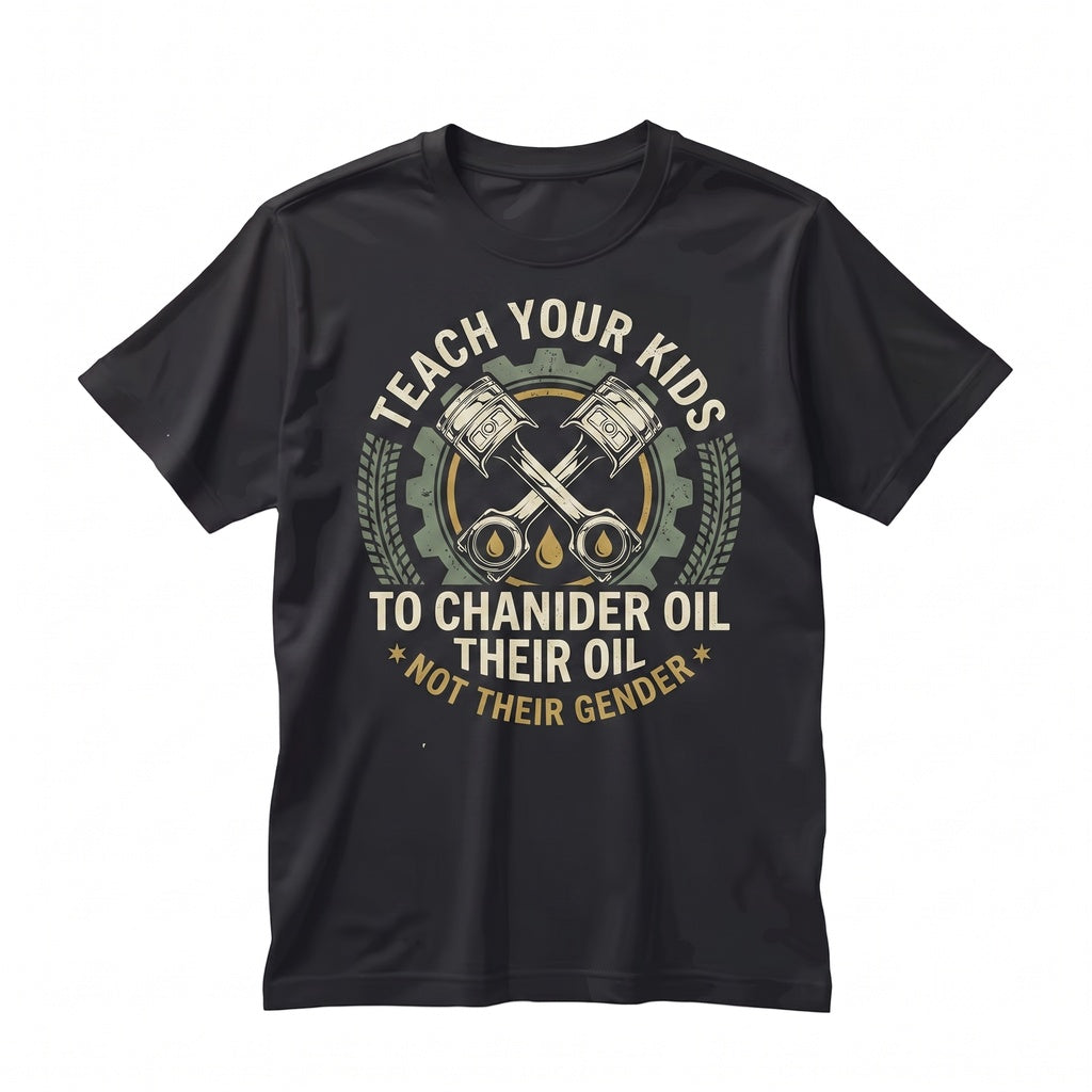 Teach Kids To Change Oil Not Gender Funny Mechanic Garage Humor Political Father Gift Unisex TShirt