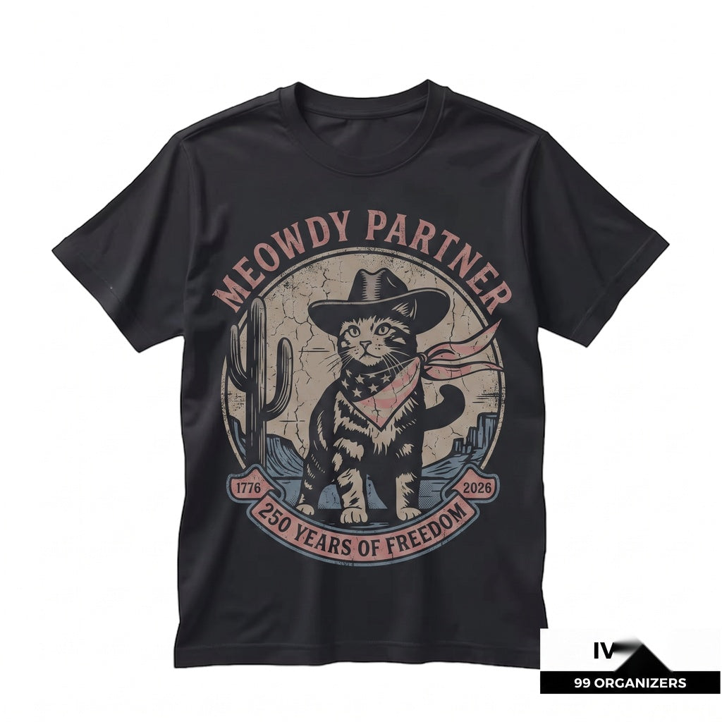 Meowdy Partner 250th Anniversary Patriotic Cowboy Cat 4th of July America Western Feline Graphic Unisex TShirt
