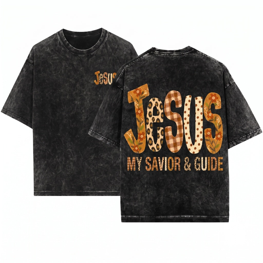 Fall Floral Leopard Gingham Jesus Retro Christian Boho Faith Graphic Thanksgiving Gift Unisex Wash T-Shirt