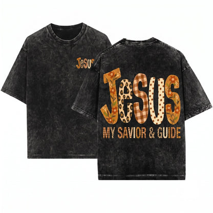 Fall Floral Leopard Gingham Jesus Retro Christian Boho Faith Graphic Thanksgiving Gift Unisex Wash T-Shirt