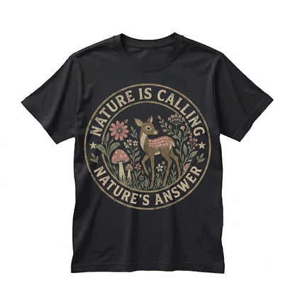 Forestcore Aesthetic Black Woodland Fawn Mushroom Botanical Graphic Unisex TShirt