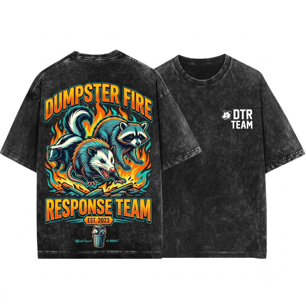 Dumpster Fire Response Team Funny Raccoon Opossum Meme Chaos Sarcastic Graphic Humor Unisex Wash T-Shirt