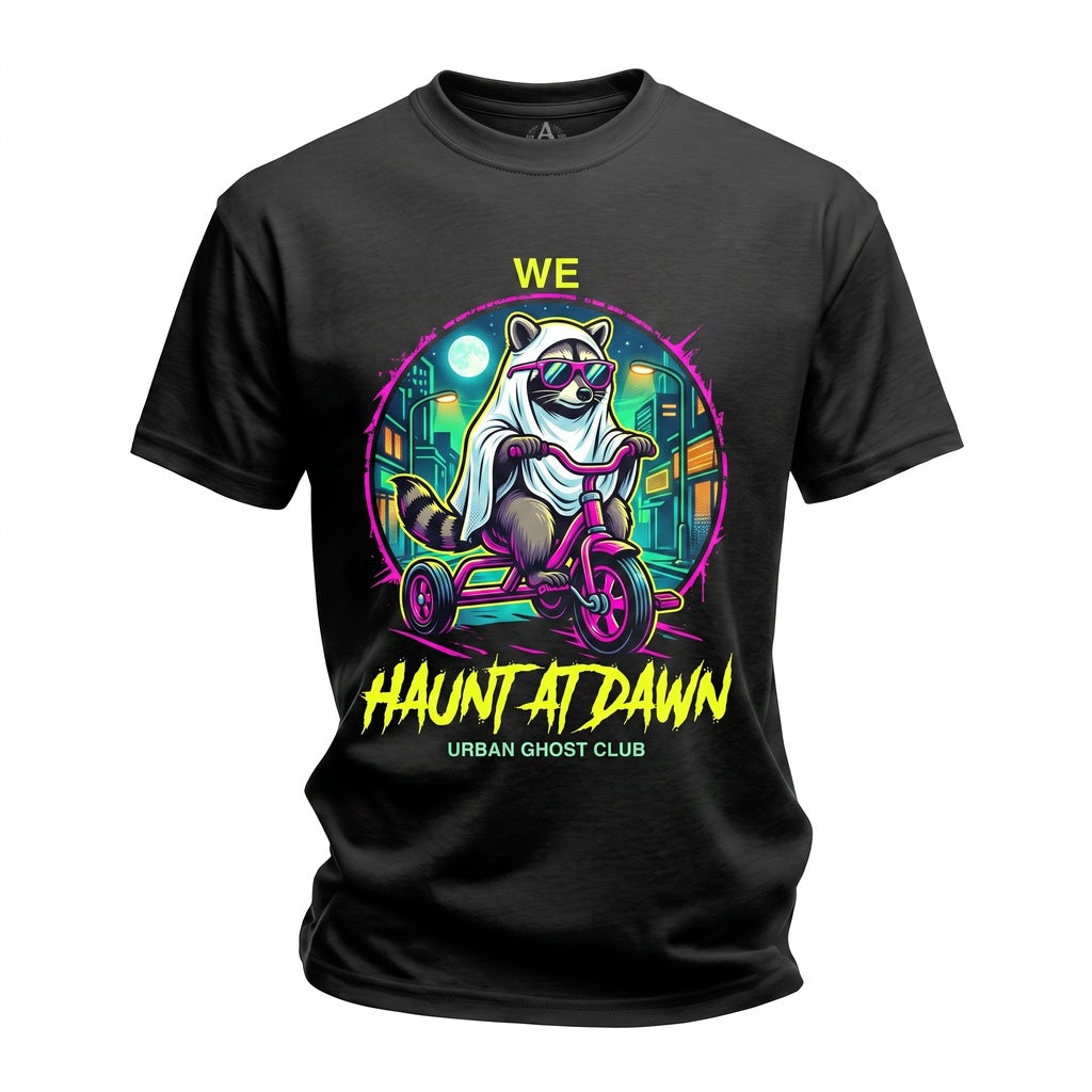 Funny Spooky Ghost Raccoon Riding Tricycle We Haunt At Dawn Graphic Unisex TShirt
