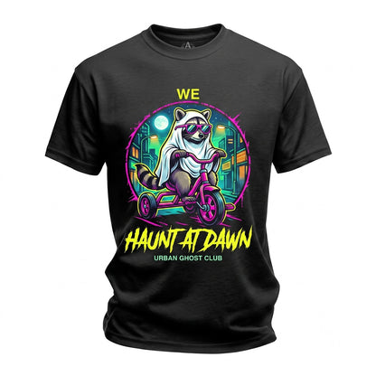 Funny Spooky Ghost Raccoon Riding Tricycle We Haunt At Dawn Graphic Unisex TShirt