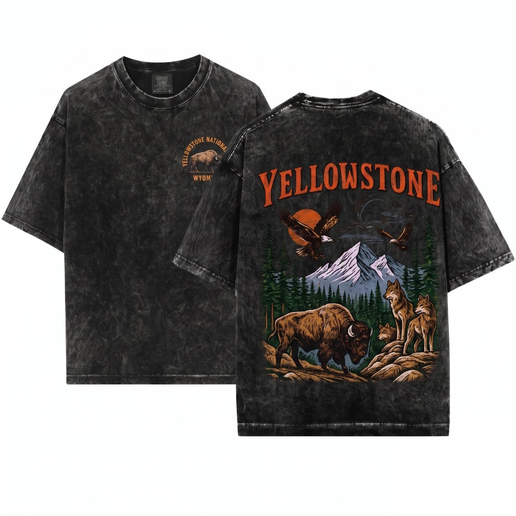 Yellowstone National Park Vintage 90s Wildlife Graphic Bison Wolves Eagles Hiking Nature Unisex Wash T-Shirt