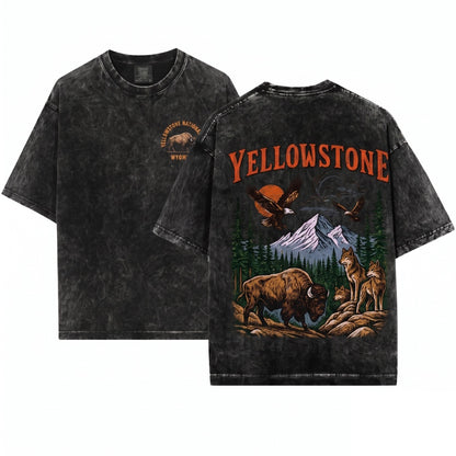 Yellowstone National Park Vintage 90s Wildlife Graphic Bison Wolves Eagles Hiking Nature Unisex Wash T-Shirt