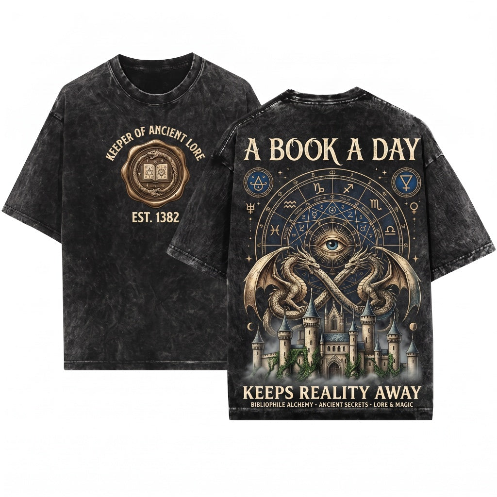 Book A Day Keeps Reality Away Dragon Fantasy Graphic Gothic Grunge Castle Reader Gift Unisex Wash T-Shirt