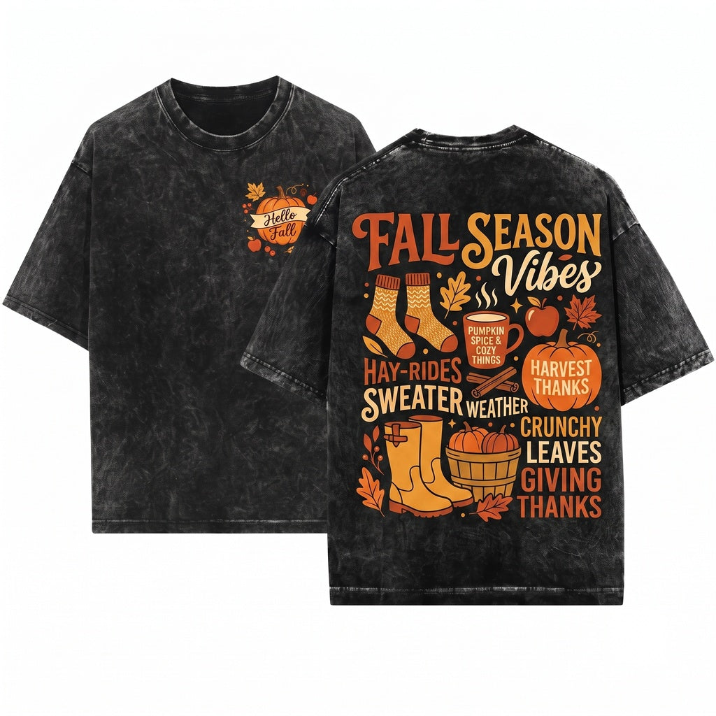Cute Fall Autumn Pumpkin Spice Apple Cider Vibes Womens Graphic Top Unisex Wash T-Shirt