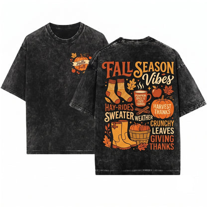Cute Fall Autumn Pumpkin Spice Apple Cider Vibes Womens Graphic Top Unisex Wash T-Shirt
