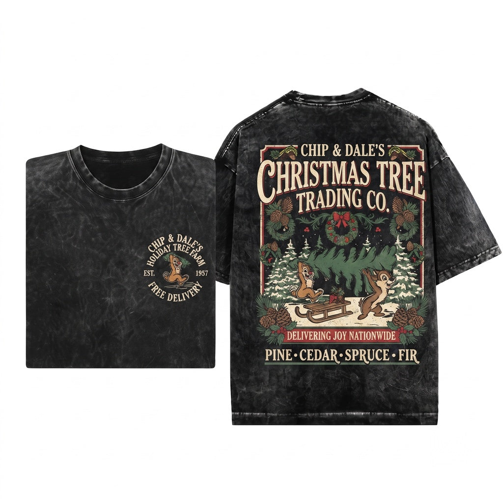 Couples Chip n Dale Double Trouble Christmas Sweatshirt Holiday Tree Unisex Wash T-Shirt