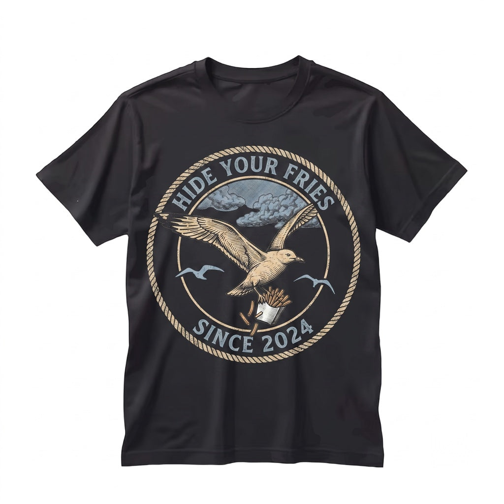 Hide Your Fries Seagull Graphic Funny Bird Foodie Beach Humor Cotton Unisex TShirt
