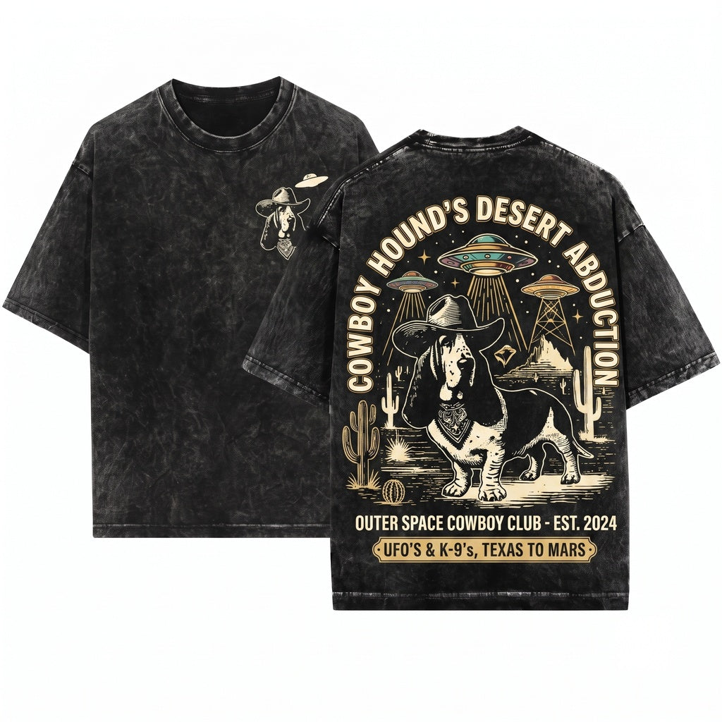Vintage Basset Hound Western Cowboy UFO Retro Alien Dog Lover Gift Apparel Unisex Wash T-Shirt