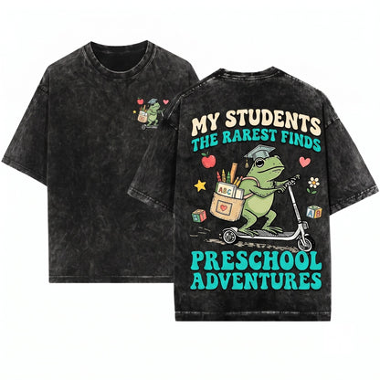 Off To Teach Preschool Frog Riding Scooter Funny Back School Educator Gift Unisex Wash T-Shirt