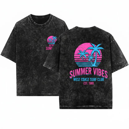 Summer Vibes Trendy Front Back Design Retro Vacation Beach Tee Unisex Wash T-Shirt