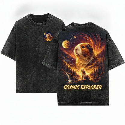 Guinea Pig Howling to the Moon Graphic Retro Cute Animal Gift Unisex Wash T-Shirt