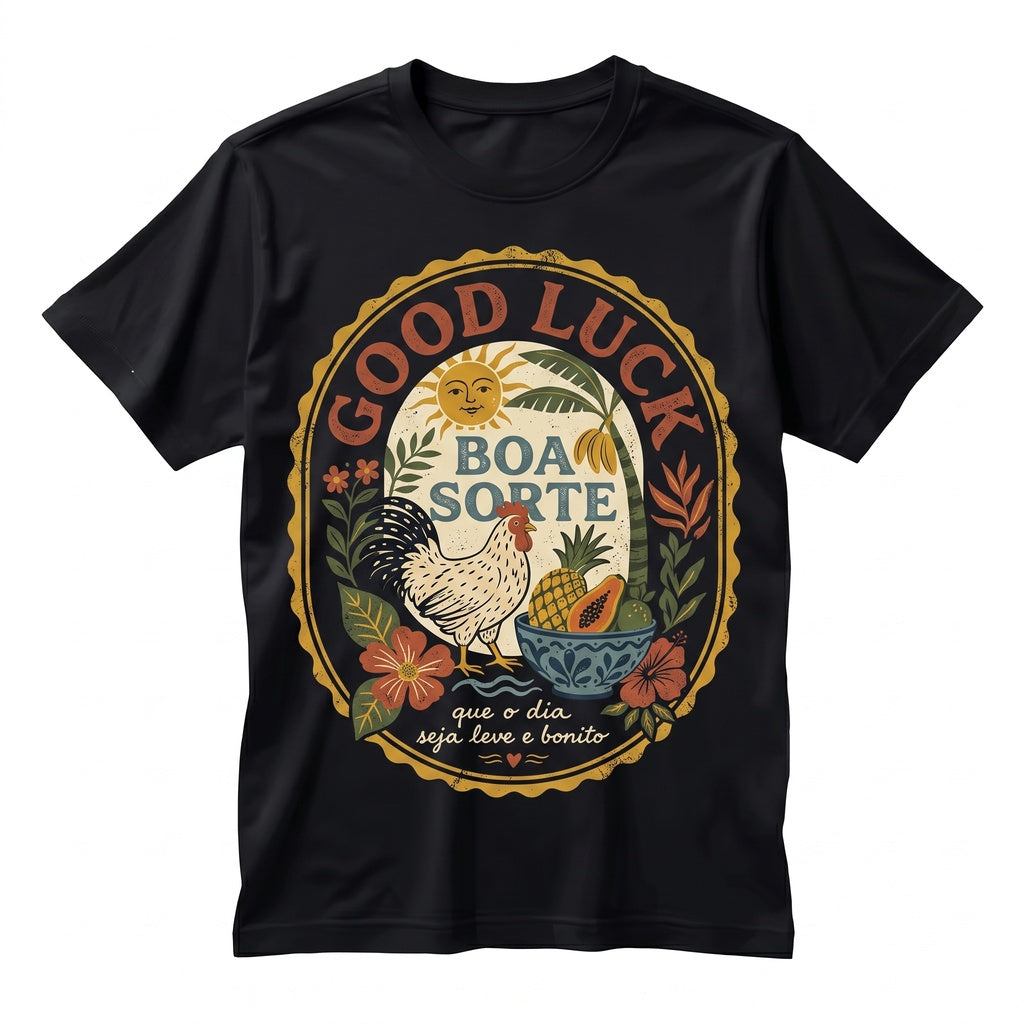 Boa Sorte Rio de Janeiro Portuguese Good Luck Tropical Folk Art Boho Sun Rooster Brazilian Graphic Top Unisex TShirt