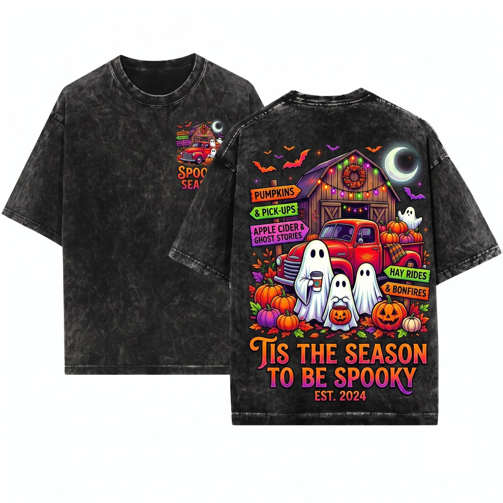 Tis The Season Ghost Vintage Pumpkin Patch Farmhouse Halloween Unisex Wash T-Shirt