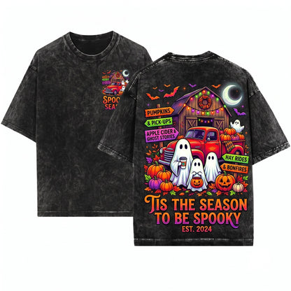 Tis The Season Ghost Vintage Pumpkin Patch Farmhouse Halloween Unisex Wash T-Shirt