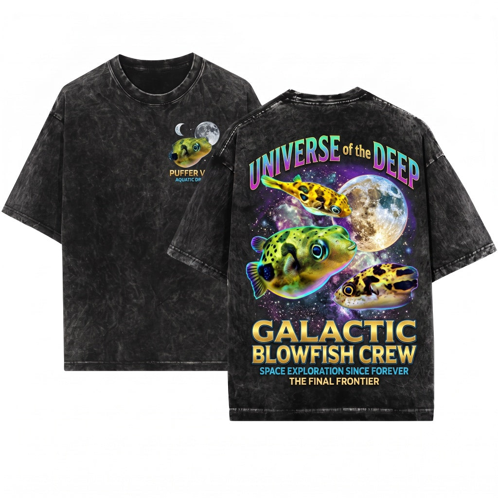 Three Dwarf Pea Puffer Fish Moon Galaxy Aquarium Hobbyist Retro Aquatic Pet Lover Graphic Gift Unisex Wash T-Shirt