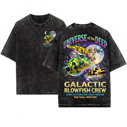 Three Dwarf Pea Puffer Fish Moon Galaxy Aquarium Hobbyist Retro Aquatic Pet Lover Graphic Gift Unisex Wash T-Shirt