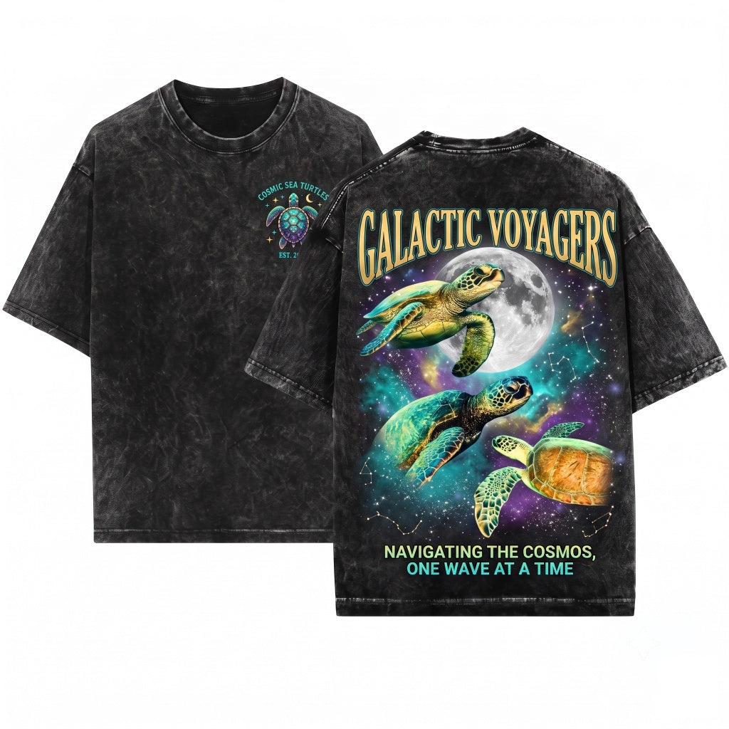 Three Sea Turtle Retro Vintage Moon Graphic Oversized Funny Gift Unisex Wash T-Shirt