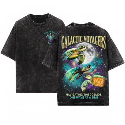Three Sea Turtle Retro Vintage Moon Graphic Oversized Funny Gift Unisex Wash T-Shirt
