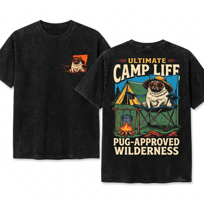 Vintage Pug Beach Graphic Tee - Retro Summer Relaxing Chair Dog Lover Mom Dad Gift Unisex Heavyweight Garment-Dyed T-Shirt
