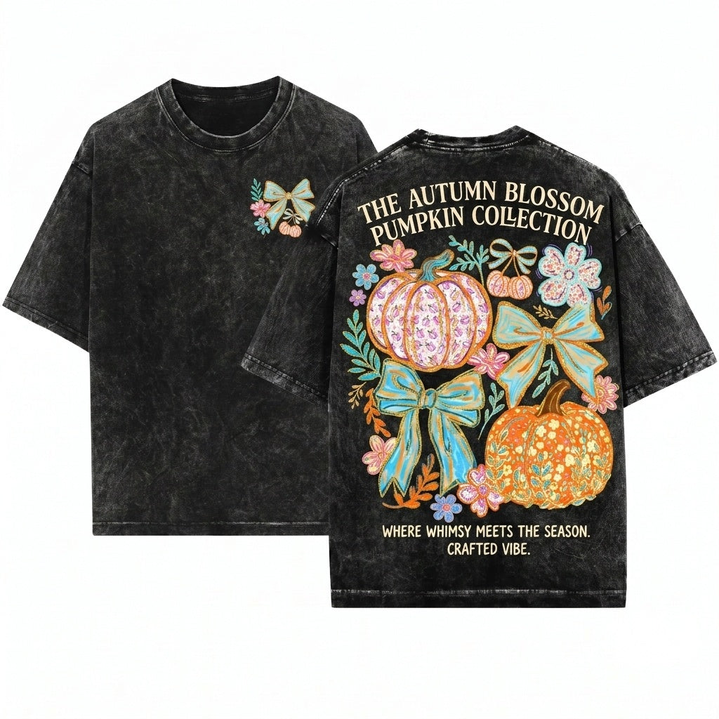 Colorful Floral Coquette Brushstroke Glitter Pumpkin Bow Trendy Thanksgiving Autumn Girly Faux Unisex Wash T-Shirt
