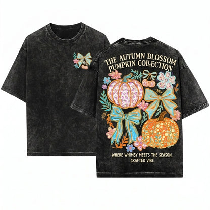 Colorful Floral Coquette Brushstroke Glitter Pumpkin Bow Trendy Thanksgiving Autumn Girly Faux Unisex Wash T-Shirt