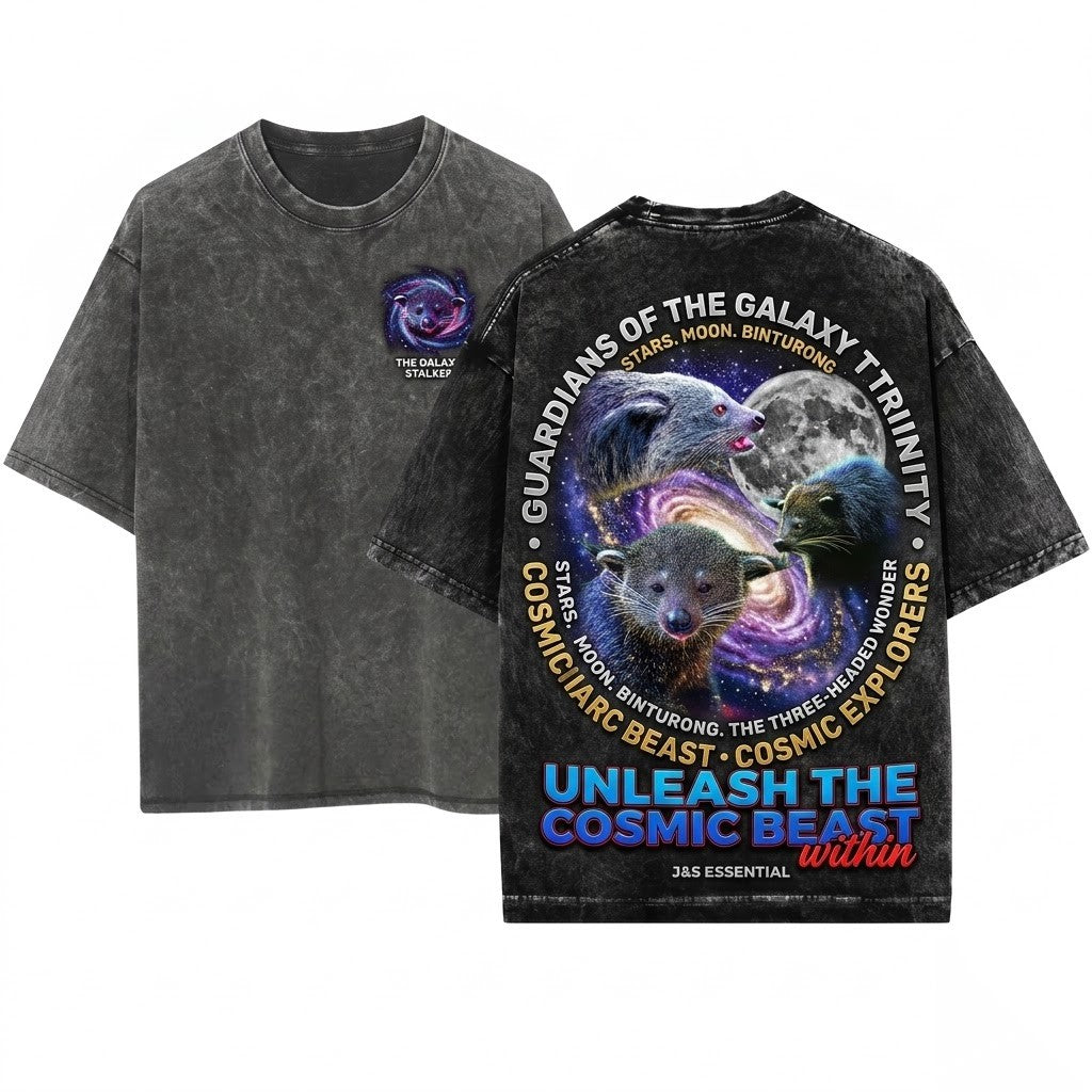 Three Binturong Vintage Moon Bearcat Oversized Jungle Animal Wildlife Graphic Gift Unisex Wash T-Shirt