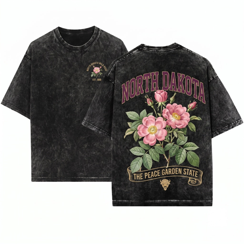 Wild Prairie Rose Floral Botanical Graphic North Dakota State Unisex Wash T-Shirt