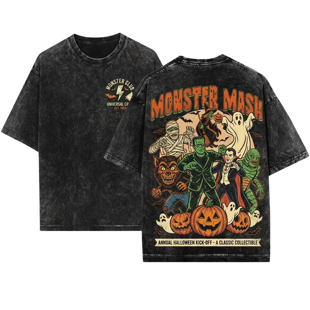 Monster Mash Retro Vintage Horror Frankenstein Dracula Wolfman Ghost Apparel Unisex Wash T-Shirt