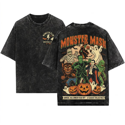 Monster Mash Retro Vintage Horror Frankenstein Dracula Wolfman Ghost Apparel Unisex Wash T-Shirt