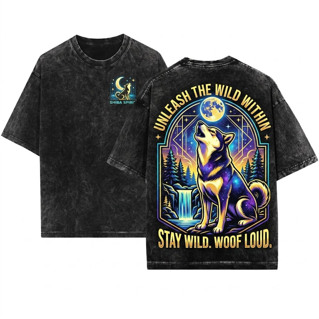 Shiba Inu Howling Moon Vintage 90s Retro Dog Graphic Meme Full Animals Silly Gift Unisex Wash T-Shirt