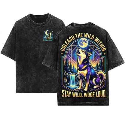 Shiba Inu Howling Moon Vintage 90s Retro Dog Graphic Meme Full Animals Silly Gift Unisex Wash T-Shirt