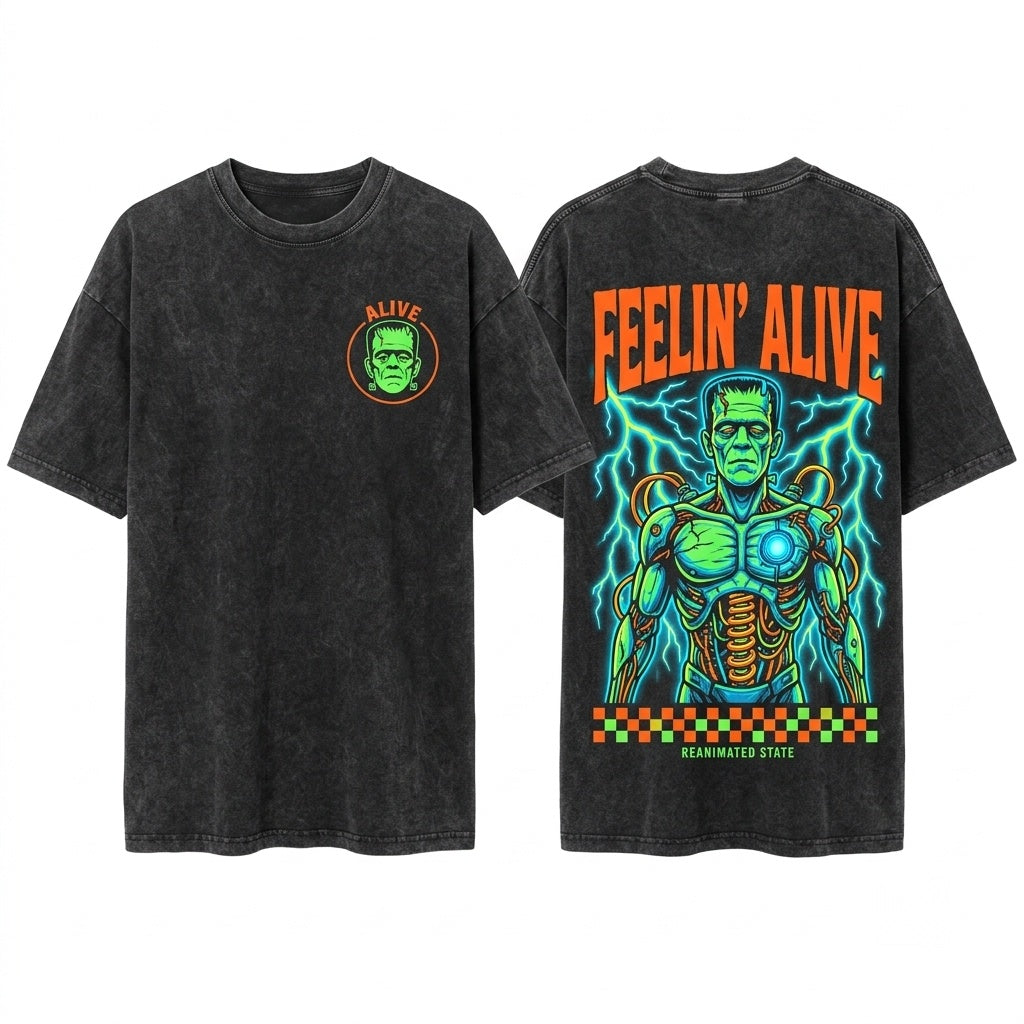 Feelin Alive Frankenstein Retro Monster Graphic Halloween Spooky Unisex Wash T-Shirt