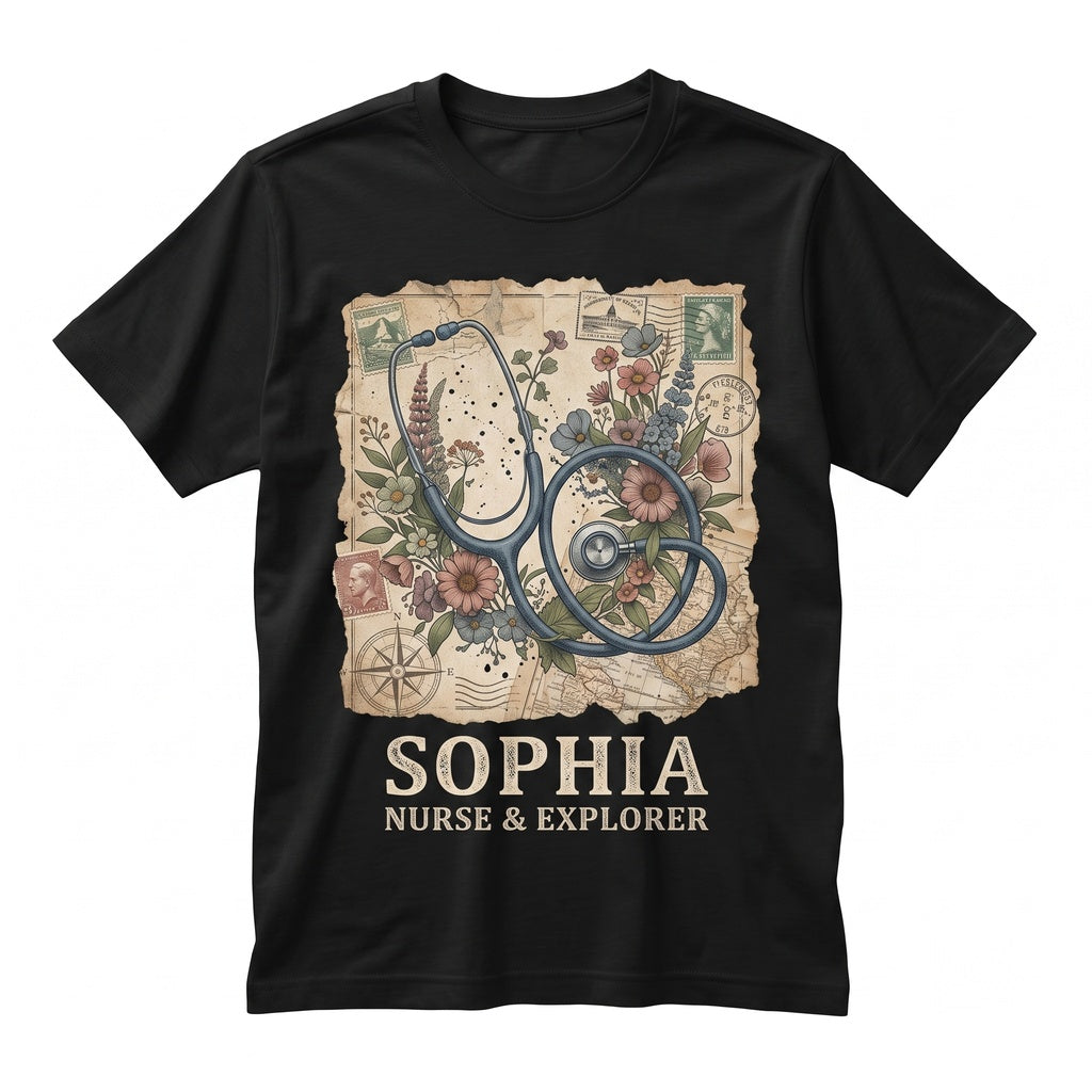 Personalized Floral Stethoscope Healthcare Medical RN Appreciation Gift Unisex TShirt