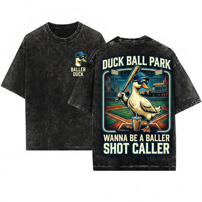 Vintage Wanna Be a Baller Shot Caller Goose Funny Baseball Duck Iced Coffee Aesthetic Retro Sports Apparel Unisex Wash T-Shirt