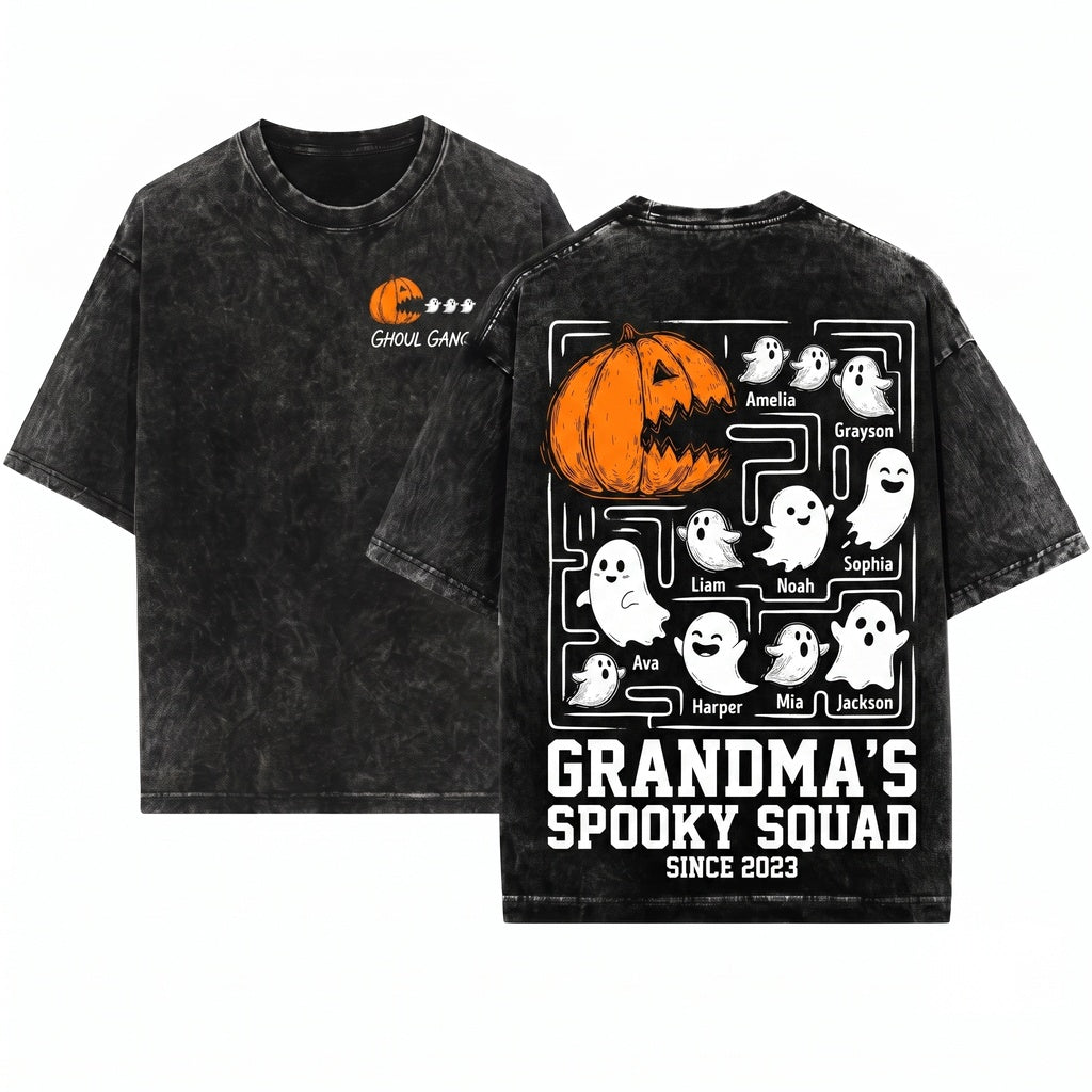 Personalized Pumpkin Chasing Ghost Grandma Halloween Sweater Custom Grandkids Name Unisex Wash T-Shirt